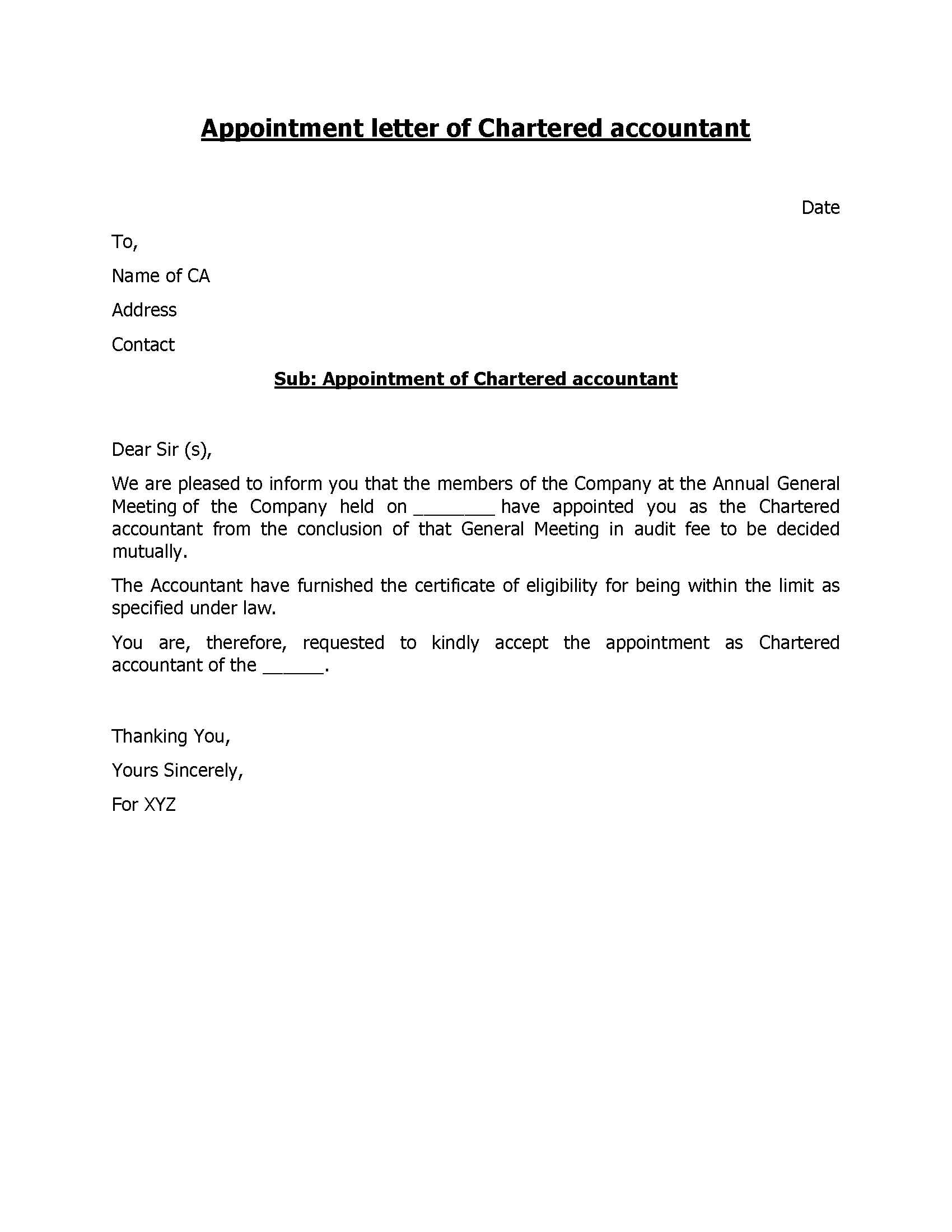 Appointment Letter Of Chartered Accountant